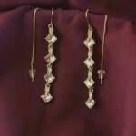 Golden Square CZ Drop Earrings with Threader Chain - Elegant Long Danglers