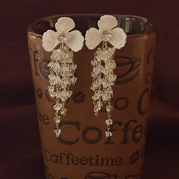 White Flower Chandelier Earrings with Crystal Beads - Gold Plated Fancy Jewellery