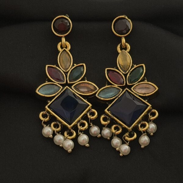 Multicolour CZ & Pearl Chandbali Earrings with Black Diamond Center - Gold Plated Traditional Indian Jewellery