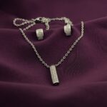Silver Plated Rectangular CZ Stone Pendant Necklace Set with Matching Stud Earrings